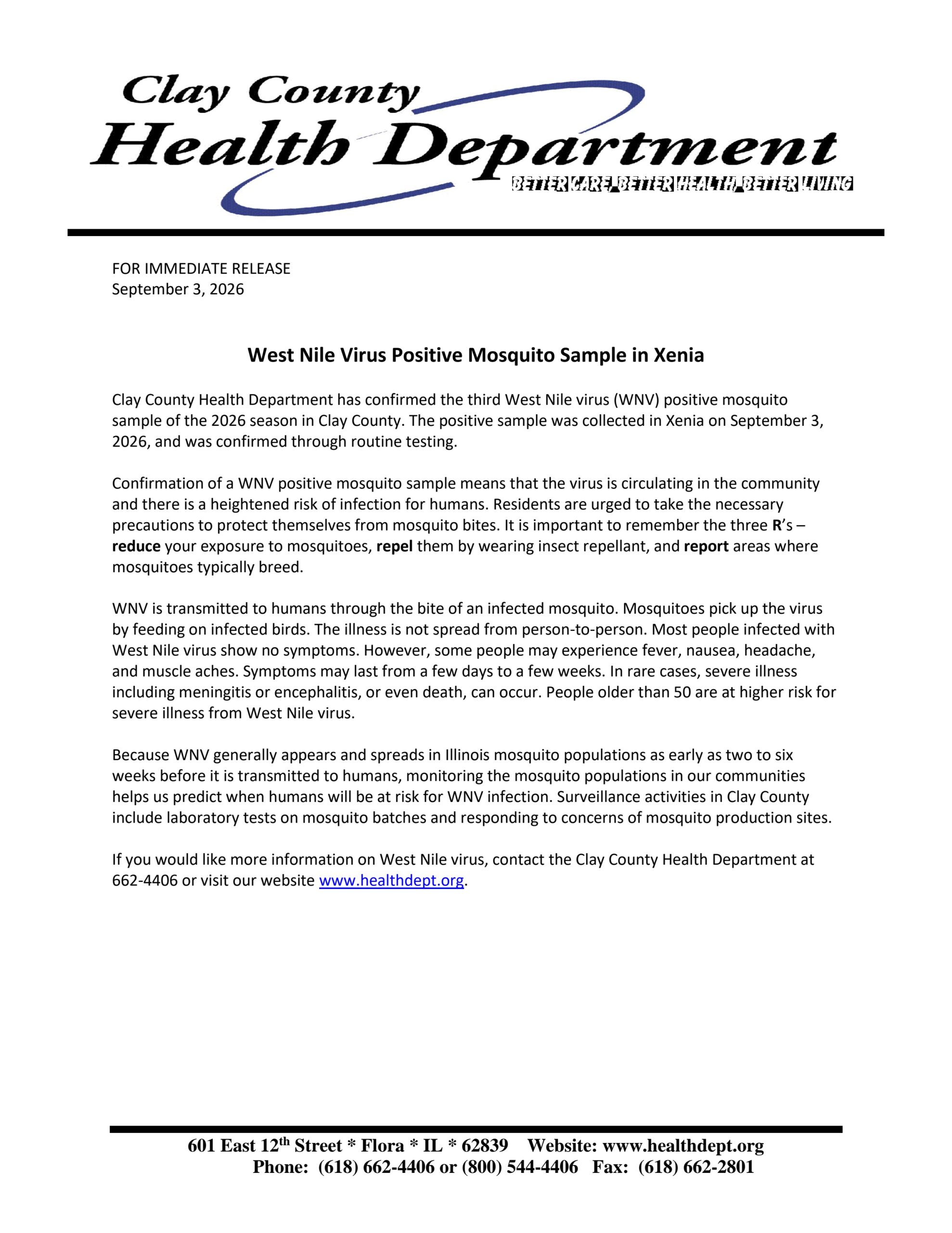 2026 WNV Third Positive Mosquito Sample in Xenia Adult Dental Clinic