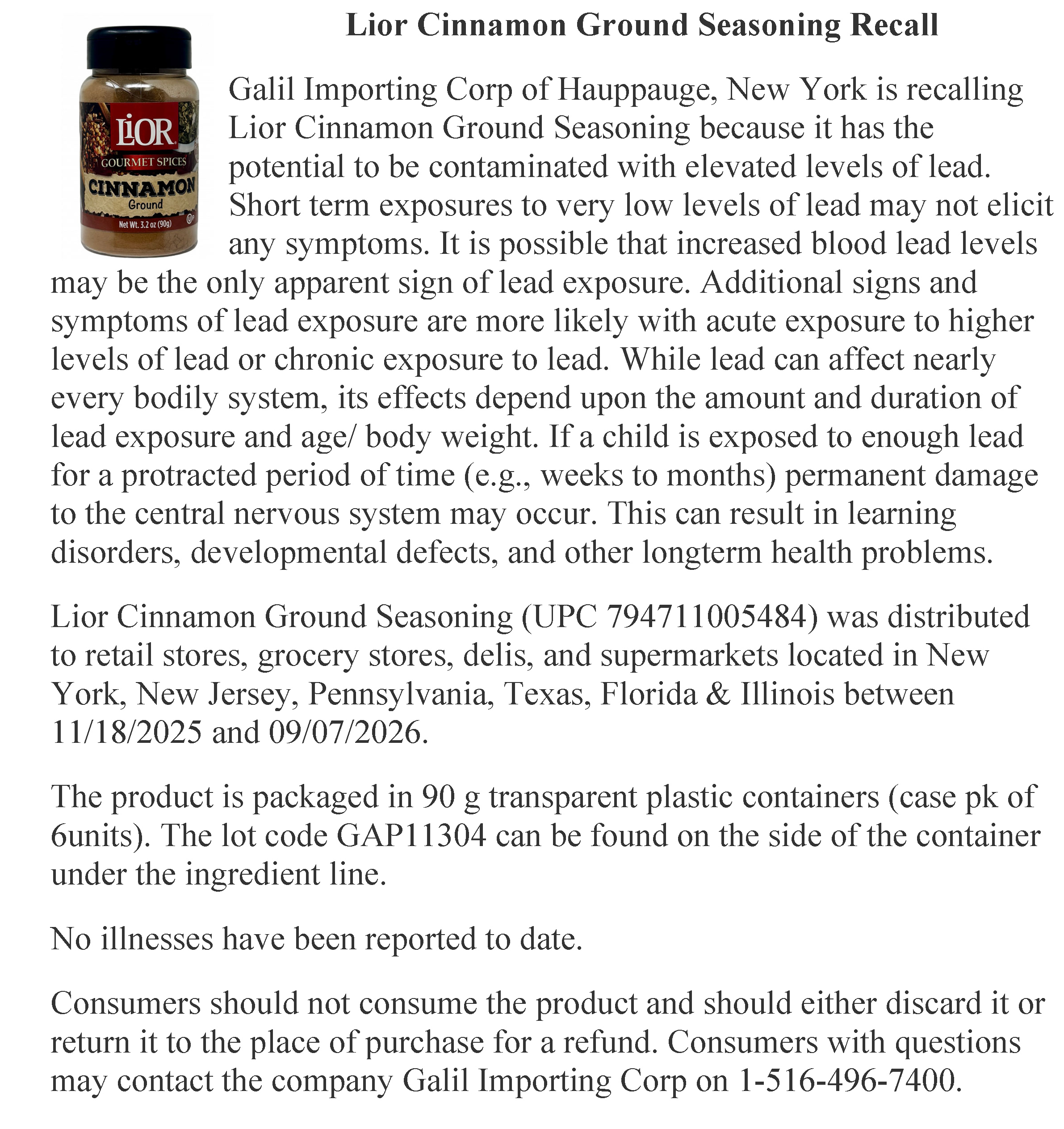 Lior Cinnamon Seasoning Recall