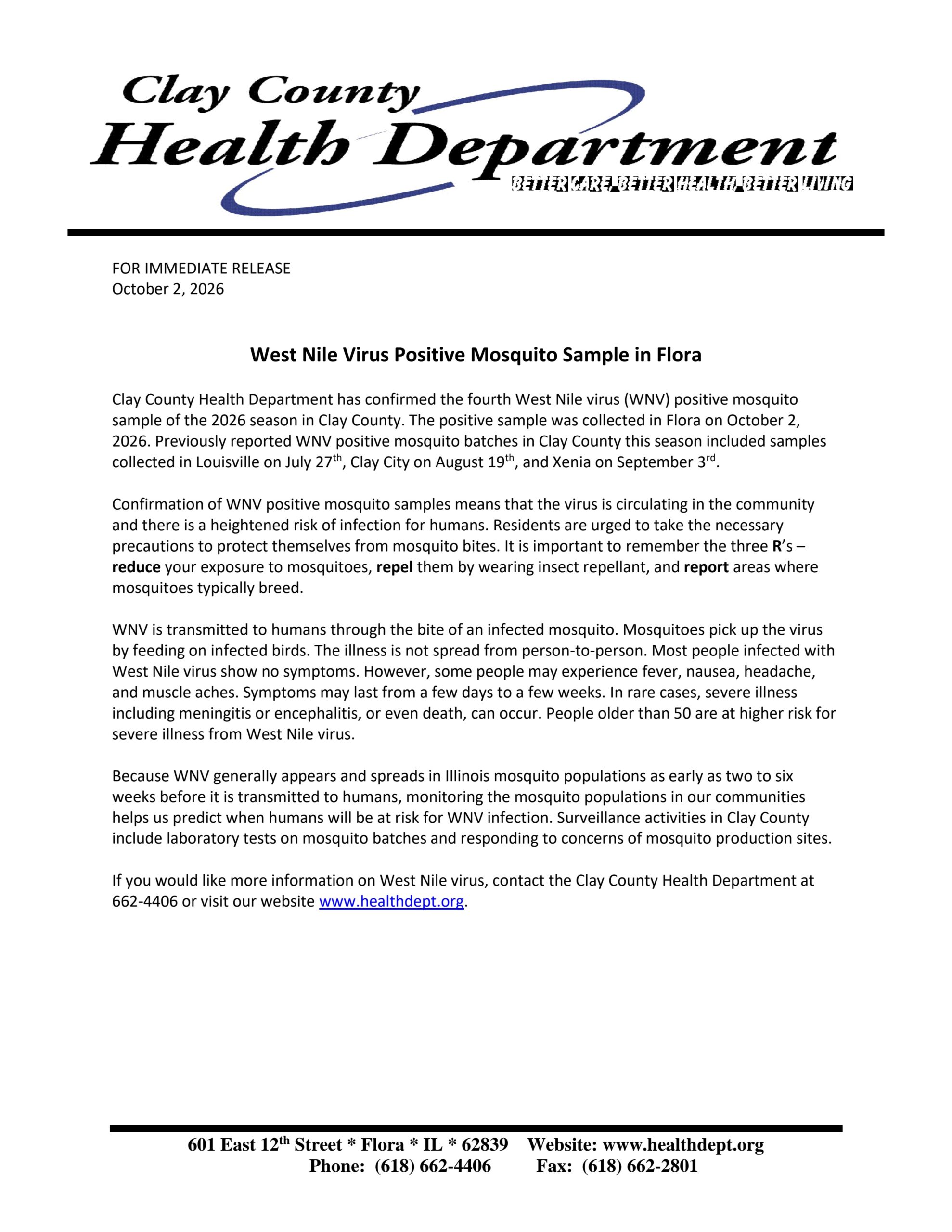 2026 WNV Fourth Positive Mosquito Sample in Flora SURE Sumposium in Aug